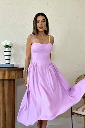 Yonca Moda Evi Lila Göğüs Kuplu Uzun Büzgülü Elbise