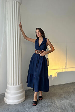 Yonca Moda Evi MÜSLİN ELBİSE GÖMLEK YAKA KOLSUZ ÖNDEN DÜĞMELİ - Lacivert