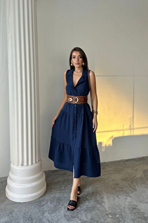 Yonca Moda Evi MÜSLİN ELBİSE GÖMLEK YAKA KOLSUZ ÖNDEN DÜĞMELİ - Lacivert