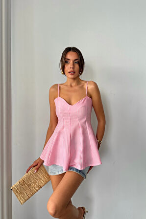 Yonca Moda Evi ÇİZGİLİ GOFRE ASKILI PENS DETAYLI BLUZ - Pembe