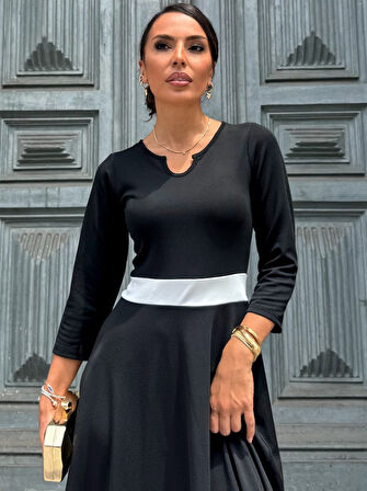 Yonca Moda Evi Kadın Truvakarkol Yakası Açık Blok Renkli Krep Midi Elbise