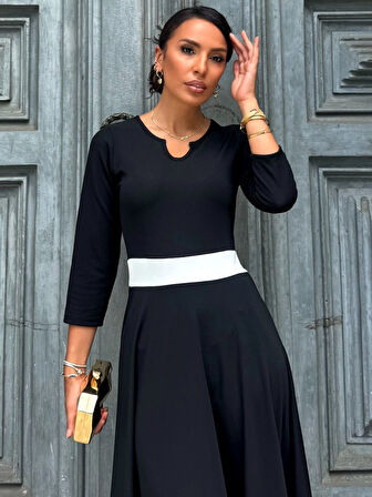 Yonca Moda Evi Kadın Truvakarkol Yakası Açık Blok Renkli Krep Midi Elbise