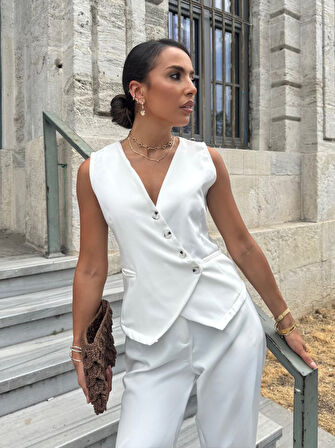 Yonca Moda Evi Kadın Sıfır Kollu çapraz V Yakalı önden Düğmeli Atlas Yelek Ve Pantolon Ikili Takım