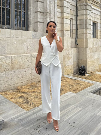 Yonca Moda Evi Kadın Sıfır Kollu çapraz V Yakalı önden Düğmeli Atlas Yelek Ve Pantolon Ikili Takım