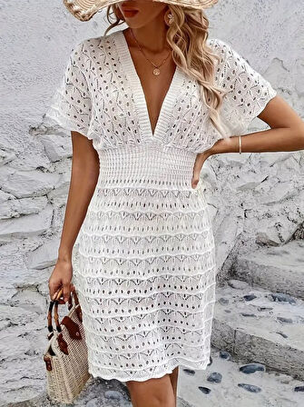 Yonca Moda Evi Kadın Kısa Kollu V Yakalı örme Triko Elbise