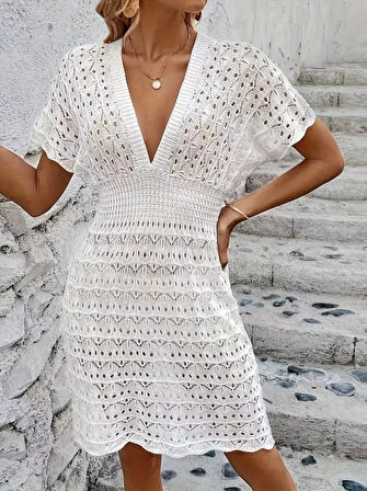 Yonca Moda Evi Kadın Kısa Kollu V Yakalı örme Triko Elbise