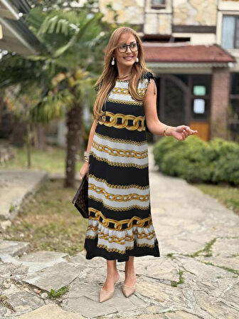 Yonca Moda Evi Kadın Omuzlardan Büzgülü Kayık Yaka Fırfırlı Janjan Krep Elbise