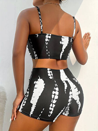 Yonca Moda Evi Kadın Büzgü Detay Askılı Crop Mini Tayt Ikili Takım