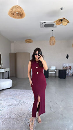 Yonca Moda Evi Kadın Bisiklet Yaka Broş Detay Yırtmaçlı Maxi Boy Ottoman Elbise