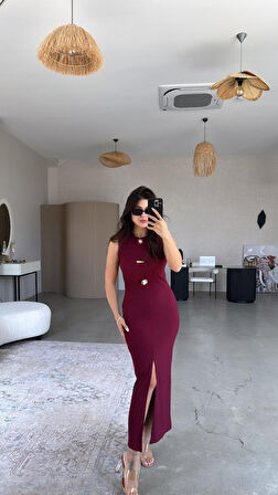 Yonca Moda Evi Kadın Bisiklet Yaka Broş Detay Yırtmaçlı Maxi Boy Ottoman Elbise