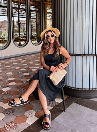 Yonca Moda Evi Kadın Askılı Kare Yakalı Midi Ithal Krep Elbise