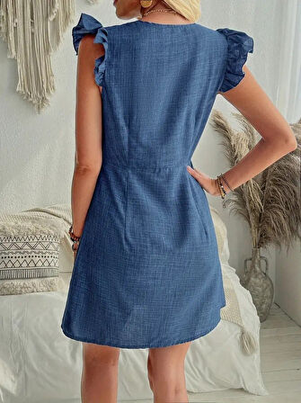 Yonca Moda Evi Kadın Fırfır Kollu V Yakalı Düğmeli Keten Elbise