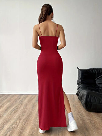 Yonca Moda Evi Kadın Ip Askılı Yandan Yırtmaçlı Janjan Krep Elbise