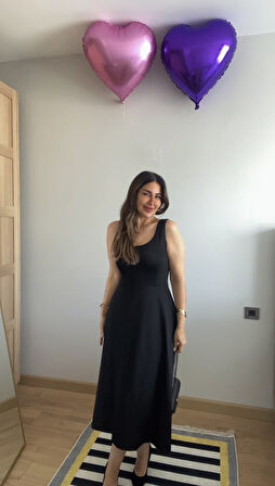 Yonca Moda Evi Kadın Askılı Kare Yaka Yırtmaçlı Midi Janjan Krep Elbise