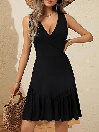 Yonca Moda Evi Kadın Askılı Kruvaze Yakalı Fırfırlı Janjan Krep Elbise