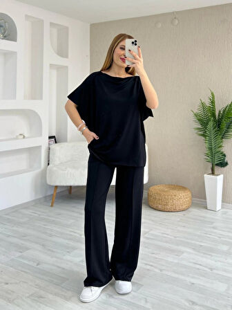Yonca Moda Evi Kadın Kısa Kollu Kayık Yakalı Dikiş Izi Detaylı Viskon Iki Iplik Bluz Ve Pantolon Ikili Takım