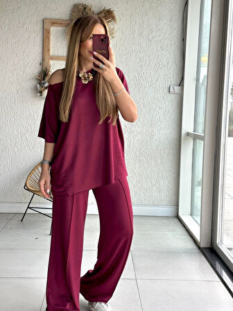 Yonca Moda Evi Kadın Tek Omuzdan Açık Geniş Kesim Viskon Iki Iplik Bluz Ve Pantolon Ikili Takım