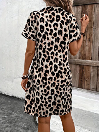 Yonca Moda Evi Kadın Kısa Kollu Yakalı Leopar Desenli Süprem Elbise