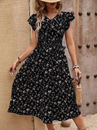 Yonca Moda Evi Kadın Kısa Kollu V Yakalı Beli Lastikli çiçek Desenli Süprem Elbise