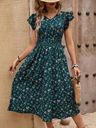 Yonca Moda Evi Kadın Kısa Kollu V Yakalı Beli Lastikli çiçek Desenli Süprem Elbise