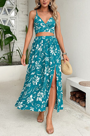 Yonca Moda Evi Kadın Ince Askılı çiçek Baskı Desenli Crop Yırtmaçlı Etek Ikili Süprem Takım