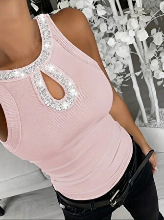 Yonca Moda Evi Kadın Halter Kollu Yuvarlak Taşlı Yaka Damla Detaylı Kaşkorse Bluz