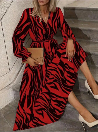 Yonca Moda Evi Kadın Uzun Kollu Kruvaze Yakalı Kuşaklı Zebra Desenli Süprem Maxi Elbise
