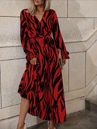 Yonca Moda Evi Kadın Uzun Kollu Kruvaze Yakalı Kuşaklı Zebra Desenli Süprem Maxi Elbise