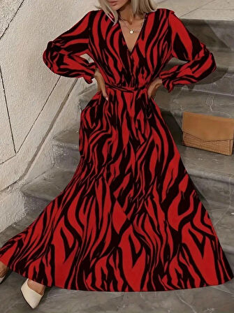 Yonca Moda Evi Kadın Uzun Kollu Kruvaze Yakalı Kuşaklı Zebra Desenli Süprem Maxi Elbise