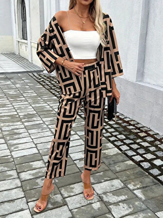 Yonca Moda Evi Kadın Uzun Kollu önü Açık Desenli Iki Iplik Ceket Ve Pantolon Ikili Takım