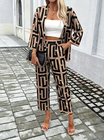 Yonca Moda Evi Kadın Uzun Kollu önü Açık Desenli Iki Iplik Ceket Ve Pantolon Ikili Takım