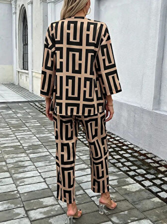 Yonca Moda Evi Kadın Uzun Kollu önü Açık Desenli Iki Iplik Ceket Ve Pantolon Ikili Takım
