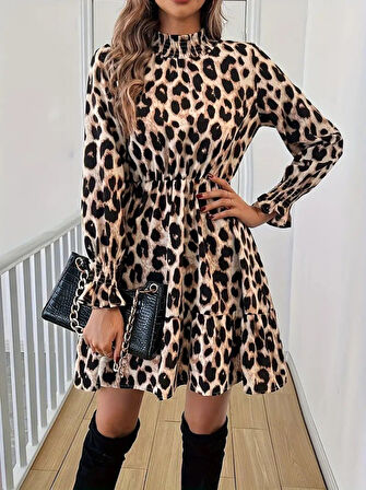 Yonca Moda Evi Kadın Uzun Kollu Yarı Balıkçı Yaka Leopar Desenli Modal Mini Elbise