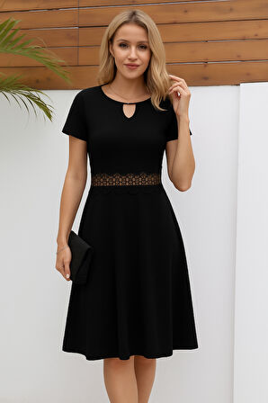 Yonca Moda Evi Kadın Kısa Kollu Yuvarlak Yaka Damla Detaylı Janjan Elbise
