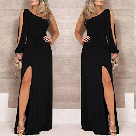 Yonca Moda Evi Tek Omuz Açık Derin Yırtmaçlı Krep Tam Boy Elbise