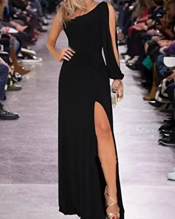 Yonca Moda Evi Tek Omuz Açık Derin Yırtmaçlı Krep Tam Boy Elbise