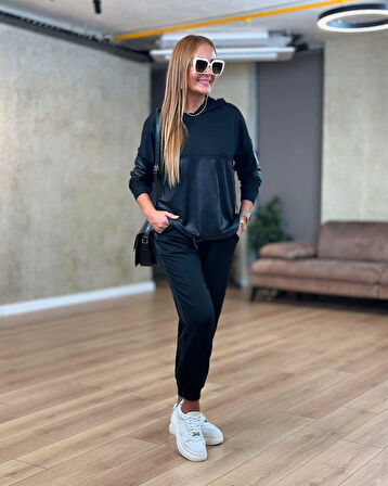 Yonca Moda Evi Kadın Uzun Kollu Kapşonlu Viskon Iki Iplik Bluz Ve Pantolon Ikili Takım