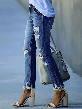 Yonca Moda Evi Kadın Dar Kesim Cepli önden Yırtık Desenli Denim Pantolon
