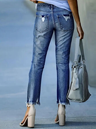 Yonca Moda Evi Kadın Dar Kesim Cepli önden Yırtık Desenli Denim Pantolon
