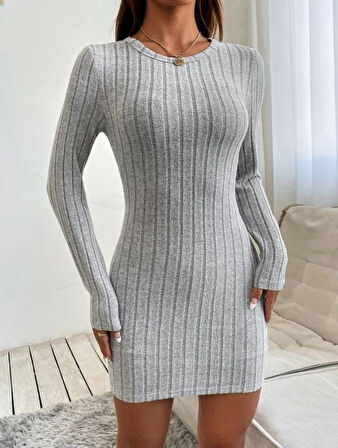 Yonca Moda Evi Kadın Uzun Kollu Bisiklet Yaka şardonlu Kalın Fitilli Kaşkorse Mini Boy Elbise
