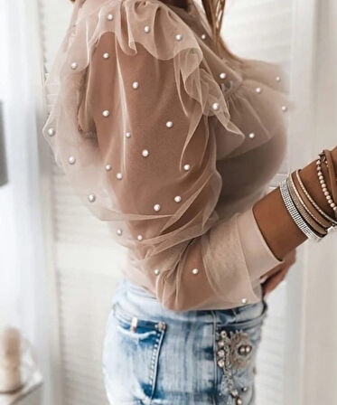 Yonca Moda Evi Kadın Uzun Kollu Inci Detaylı Tüllü Viskon Bluz