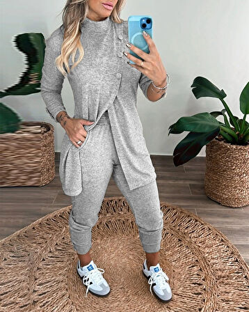 Yonca Moda Evi Kadın Uzun Kollu Balıkçı Yaka önden Düğmeli Bluz Ve Pantolon Yumoş Ikili Takım
