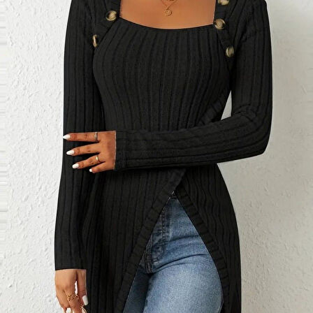 Yonca Moda Evi Kadın Uzun Kollu Derin Kare Yaka Düğme Detay şardonlu Kaşkorse Kruvaze Bluz