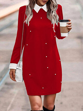 Yonca Moda Evi Kadın Uzun Kollu Polo Yaka Inci Detay Krep Elbise