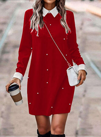 Yonca Moda Evi Kadın Uzun Kollu Polo Yaka Inci Detay Krep Elbise