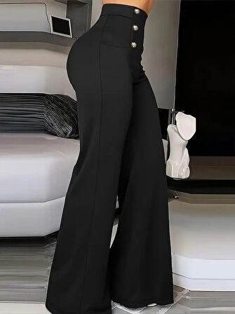 Yonca Moda Evi Kadın Yüksek Bel önden Düğmeli Uzun Paçaya Doğru Geniş Ithal Krep Pantolon