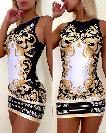 Yonca Moda Evi Kadın Sıfır Kollu Bisiklet Yaka Dijital Baskı Dalgıç Mini Elbise