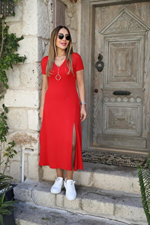 Yonca Moda Evi Kadın Kısa Kollu V Yaka Maxi Boy Elbise 124 Cm