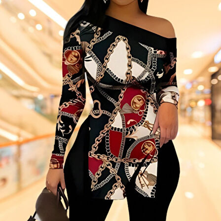 Yonca Moda Evi Kadın Uzun Kollu Zincir Desen Tek Omuz Düşük Mikro Bluz
