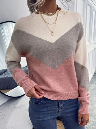 Yonca Moda Evi Kadın Uzun Kollu Bisiklet Yaka Renk Bloklu Triko Bluz